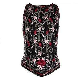 Vintage 100% Silk Beaded High Collar Sleeveless Top